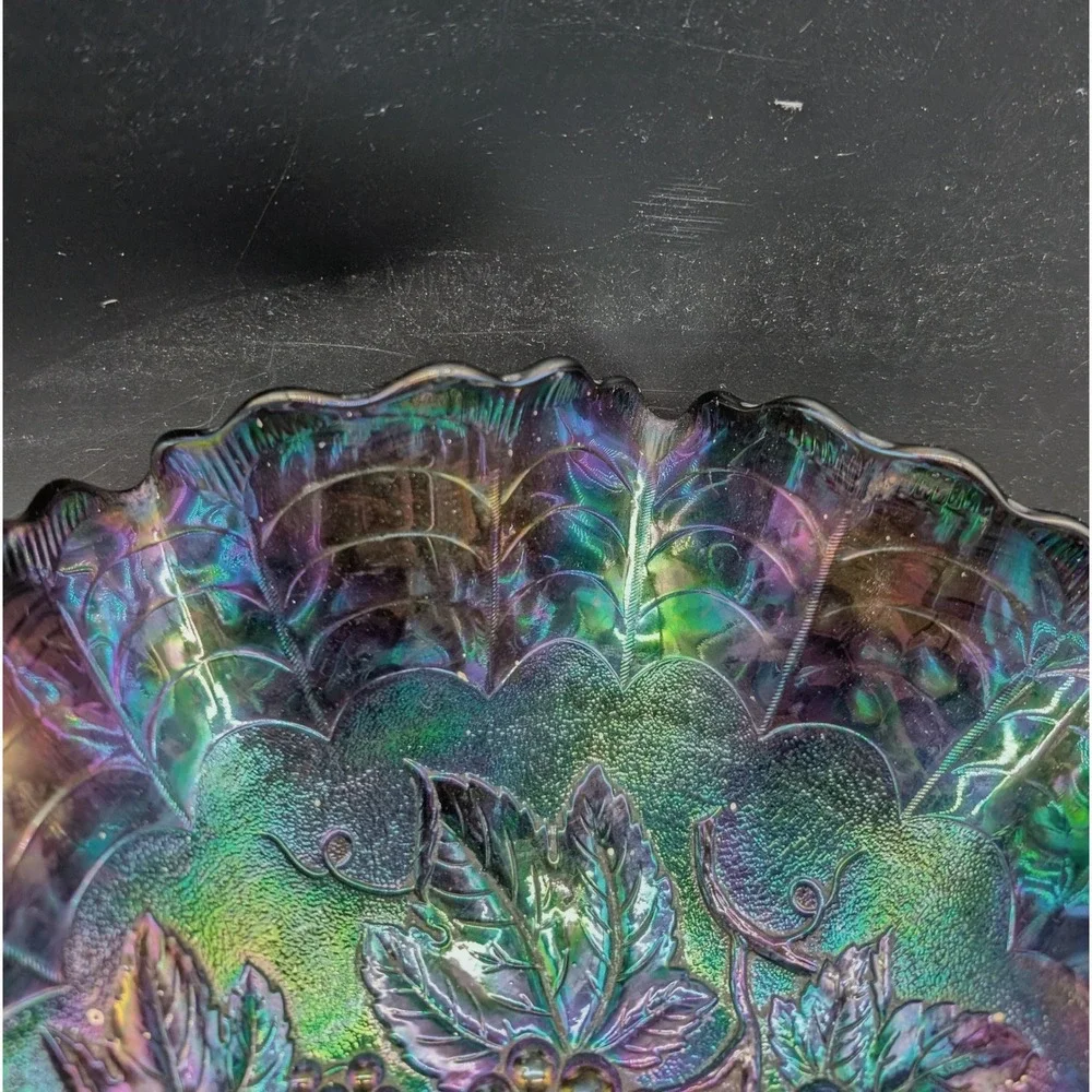 Imperial Amethyst Carnival Glass Grape and Cable Ruffled Bowl Iridescent Purple